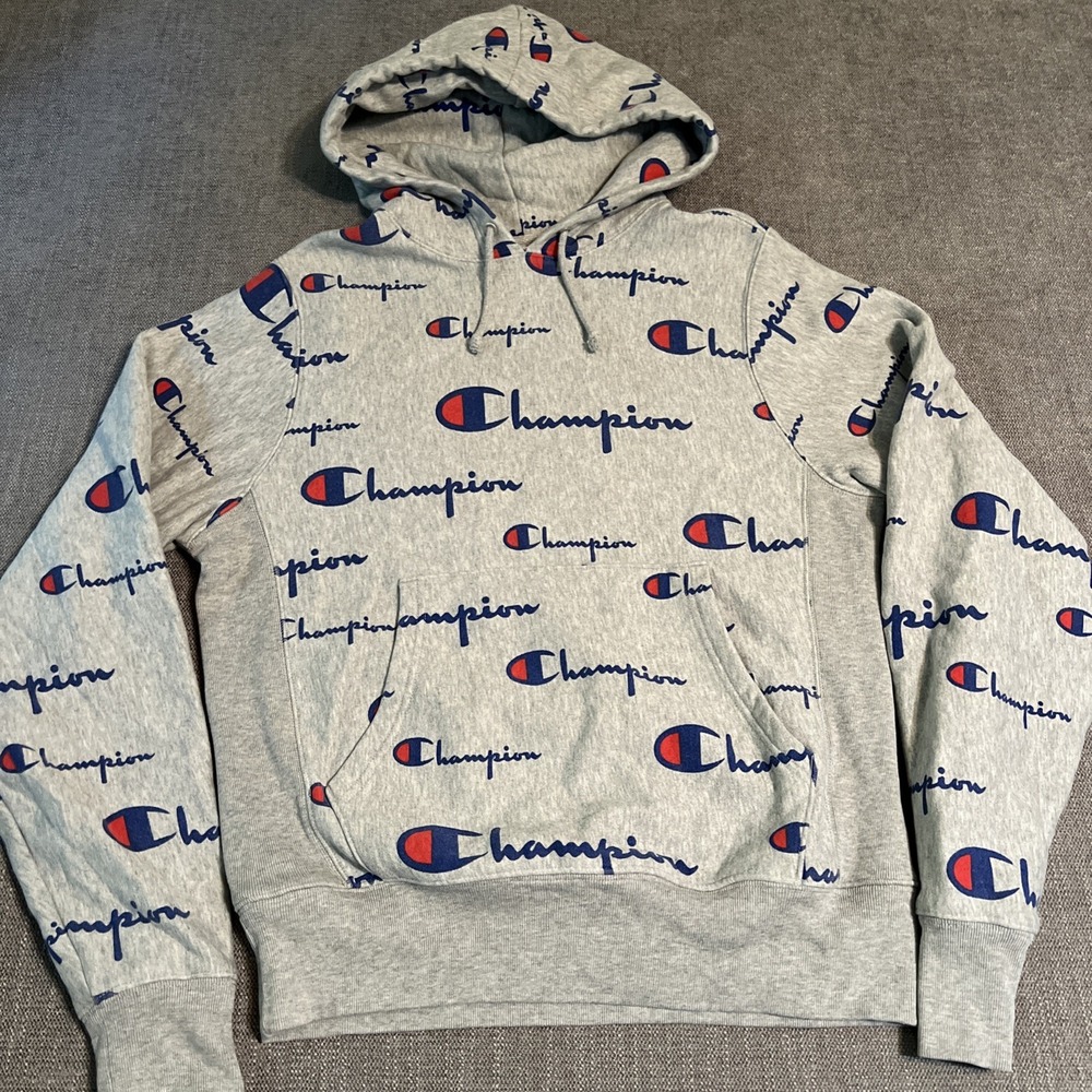 Vintage‎ Champion Reverse Weave Hoodie Men's S 90's All Over Spell Out Gray